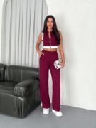 Osy Modal Yumuşak Dokulu Kumaş Tam Fermuarlı Crop Pantalon İkili Takım - Bordo resmi